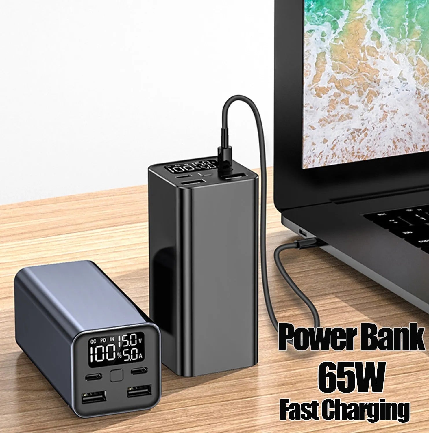 65W laptop power bank with 20000mAh capacity in metal casing, black colour option