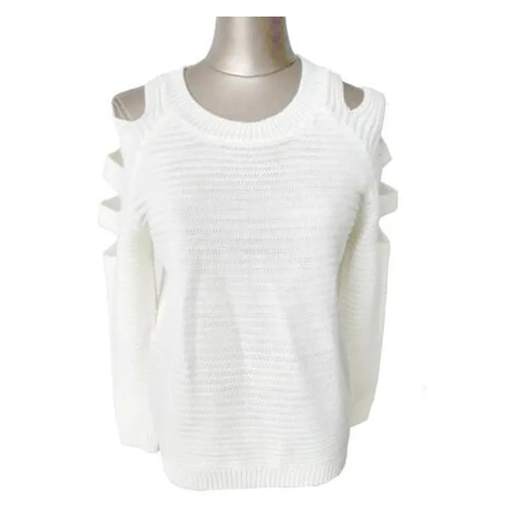 Women's white knitted shirt with hollow-out crochet detail on sleeves and body.