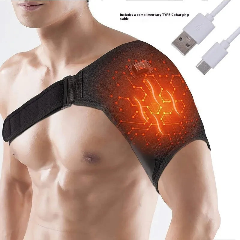 Grey USB electric heating shoulder pad shown on a person's shoulders.