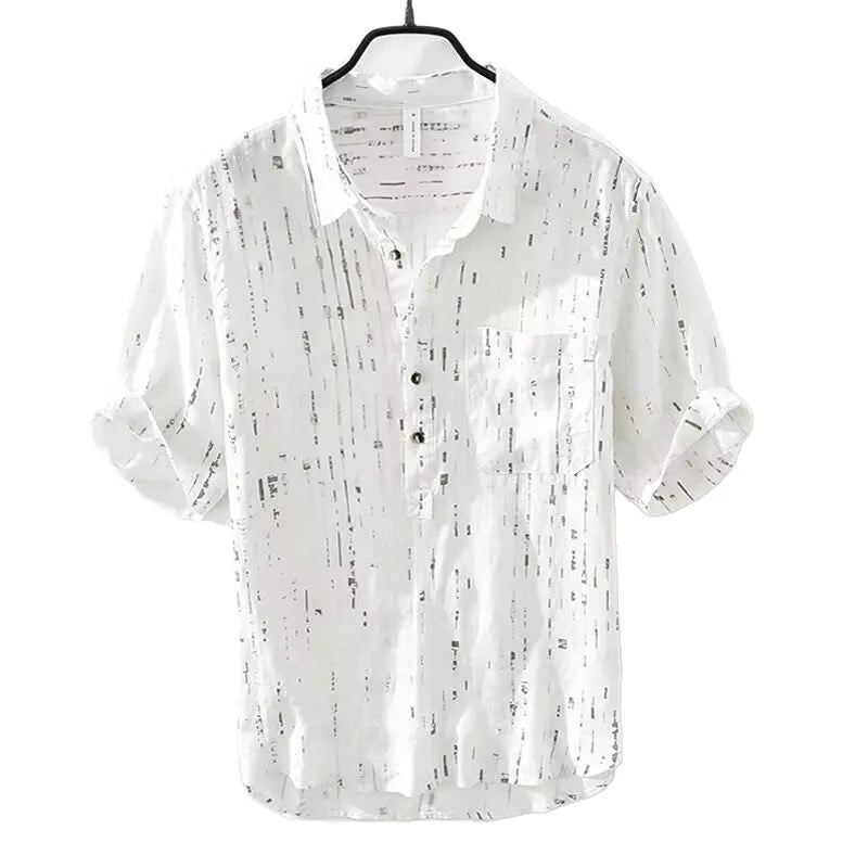 Men's loose-fit short-sleeved polo shirt in white, showing cardigan style and thin fabric.