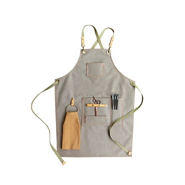 Canvas apron with cross strap back design in camel colour for baking and gardening protection