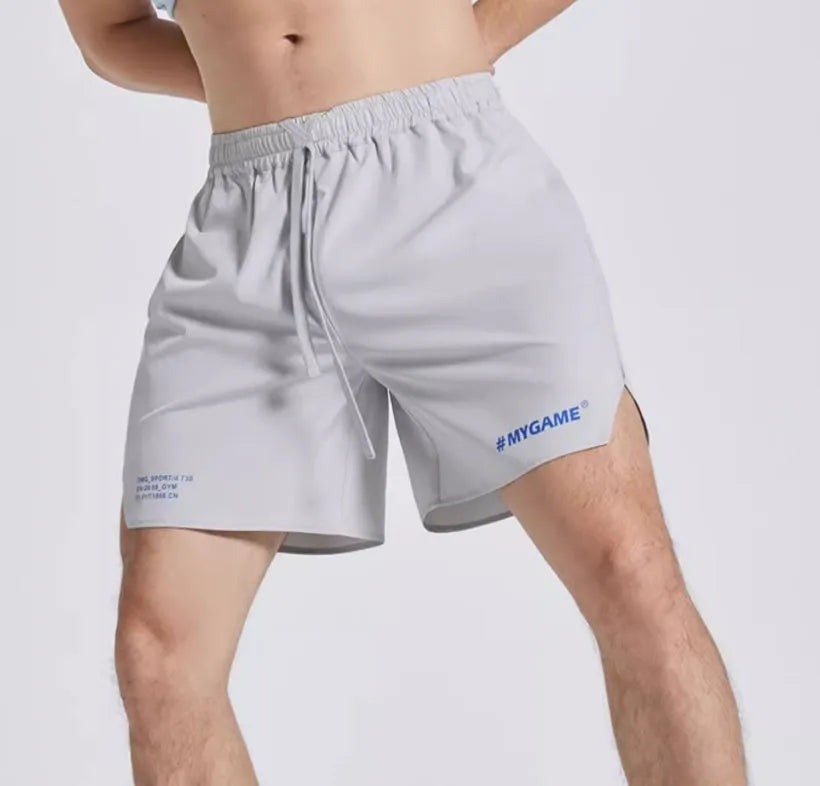 Men's blue training shorts with moisture-wicking fabric, shown from the side.