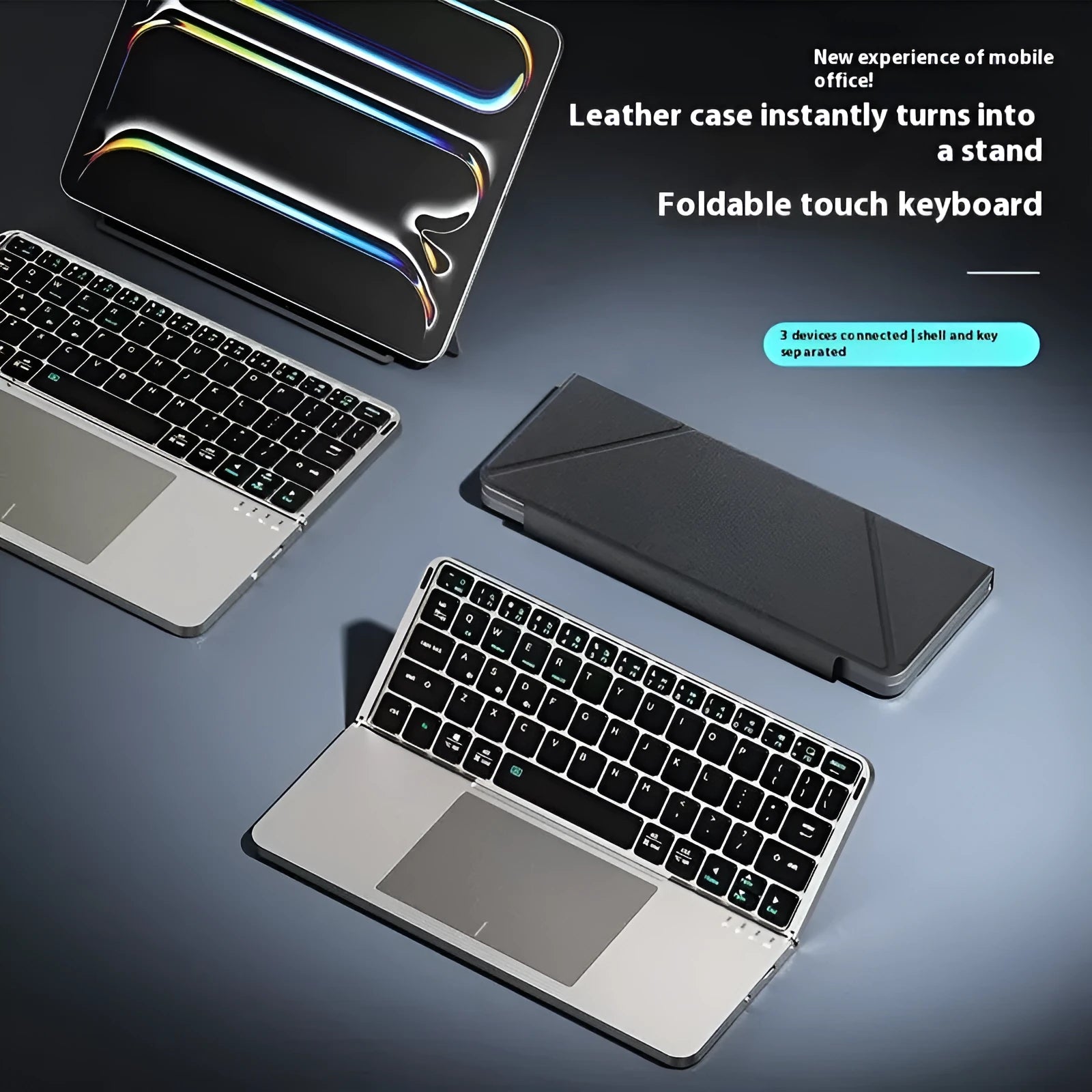 Grey Bluetooth wireless folding keyboard for mobile phones and tablets showing compact design