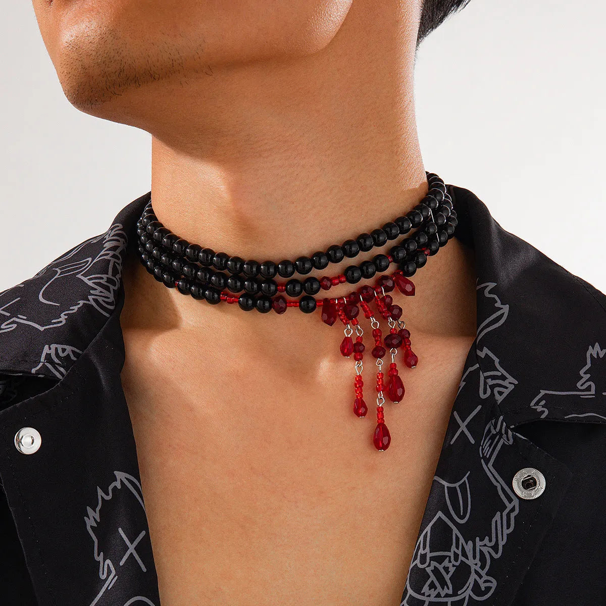 Men's Halloween blood drop crystal pearl necklace with geometric design and adjustable chain