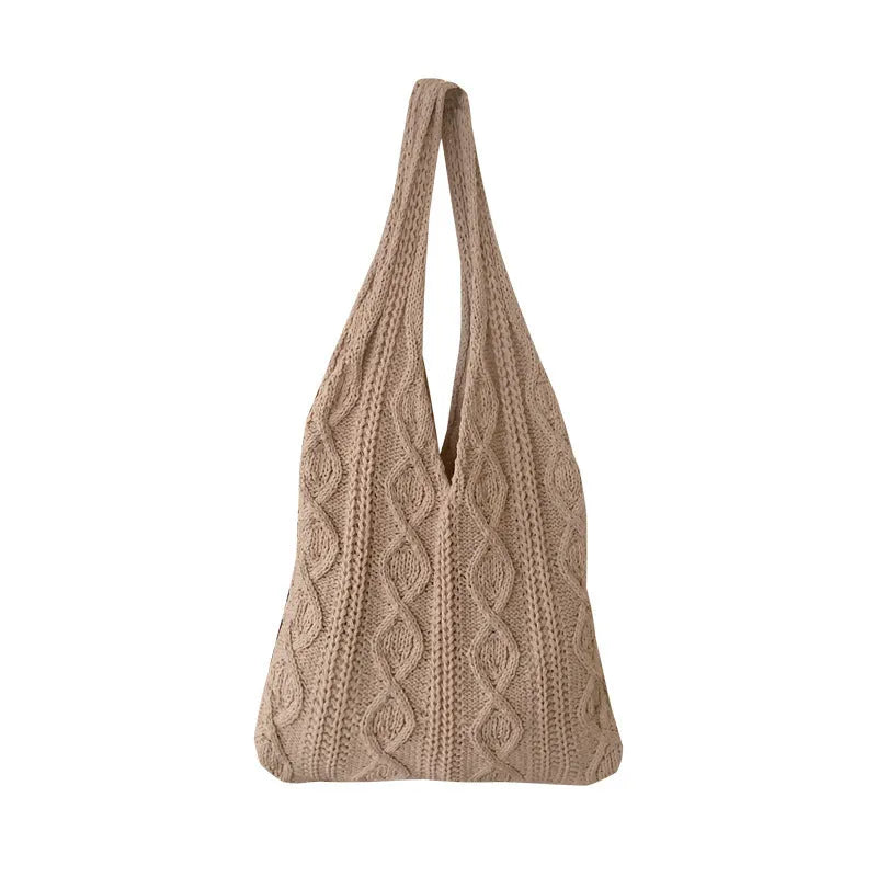 Retro hollow knitted wool yarn shoulder tote bag in solid colour with double straps