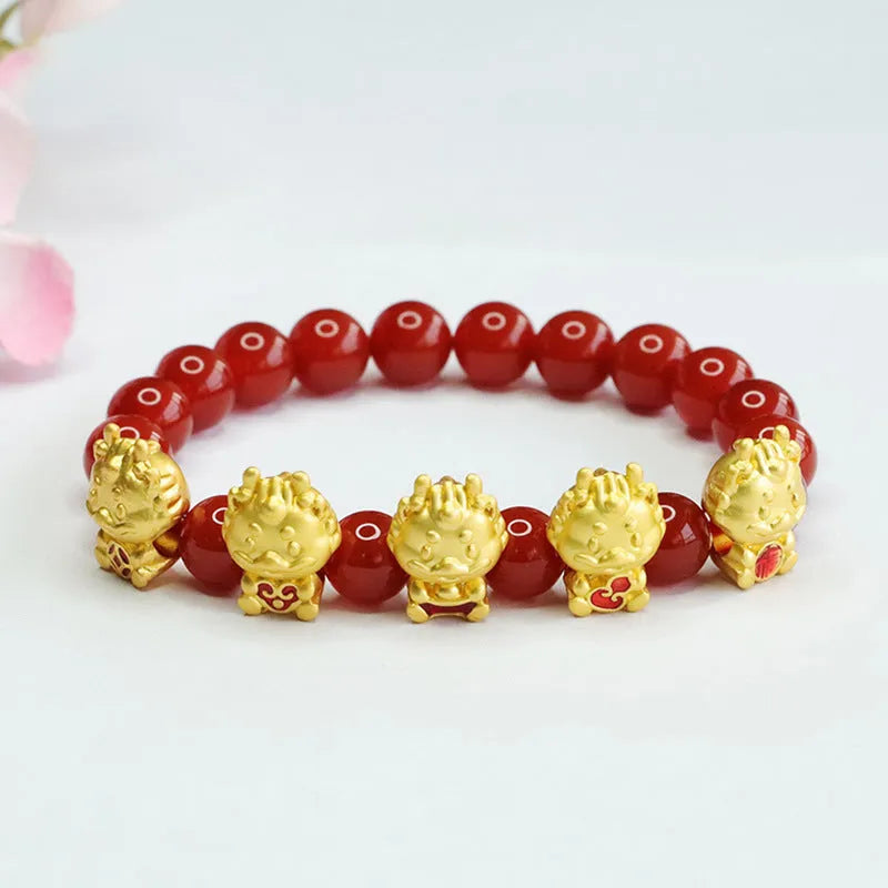 Red agate bracelet with Chinese dragon motif on 8mm beads.