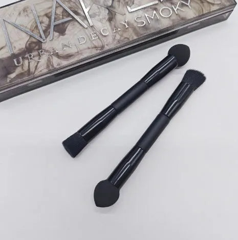 Elegant black double-headed miter sponge concealer brush with wooden handle and artificial fibre bristles