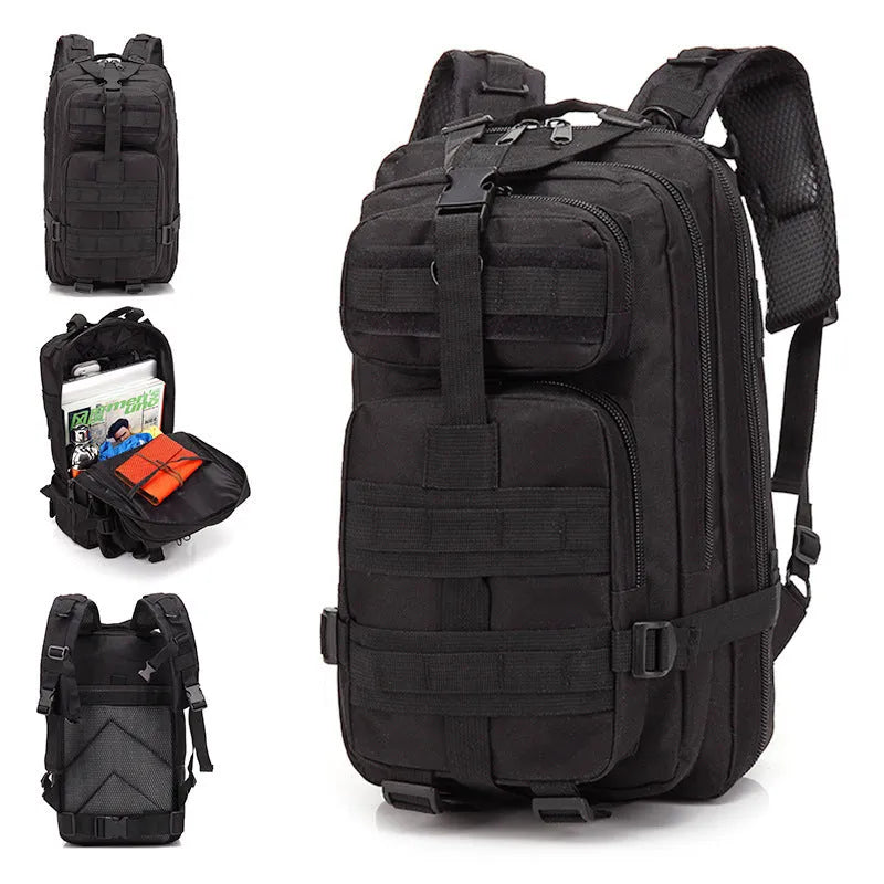 Large khaki off-road hiking backpack with air pillow belt system shown for mountaineering.