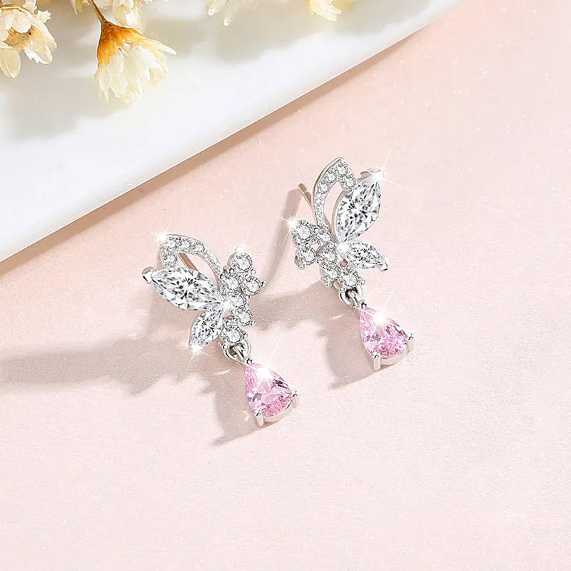 Crystal butterfly silver stud earrings for women made from 925 sterling silver