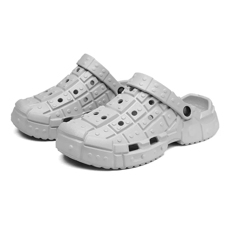 Sand-coloured men's EVA slippers with a thick non-slip sole and toe holder heel design.