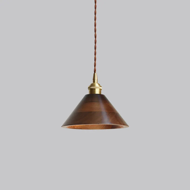 Black walnut wood single-head droplight chandelier with copper decorative accents.