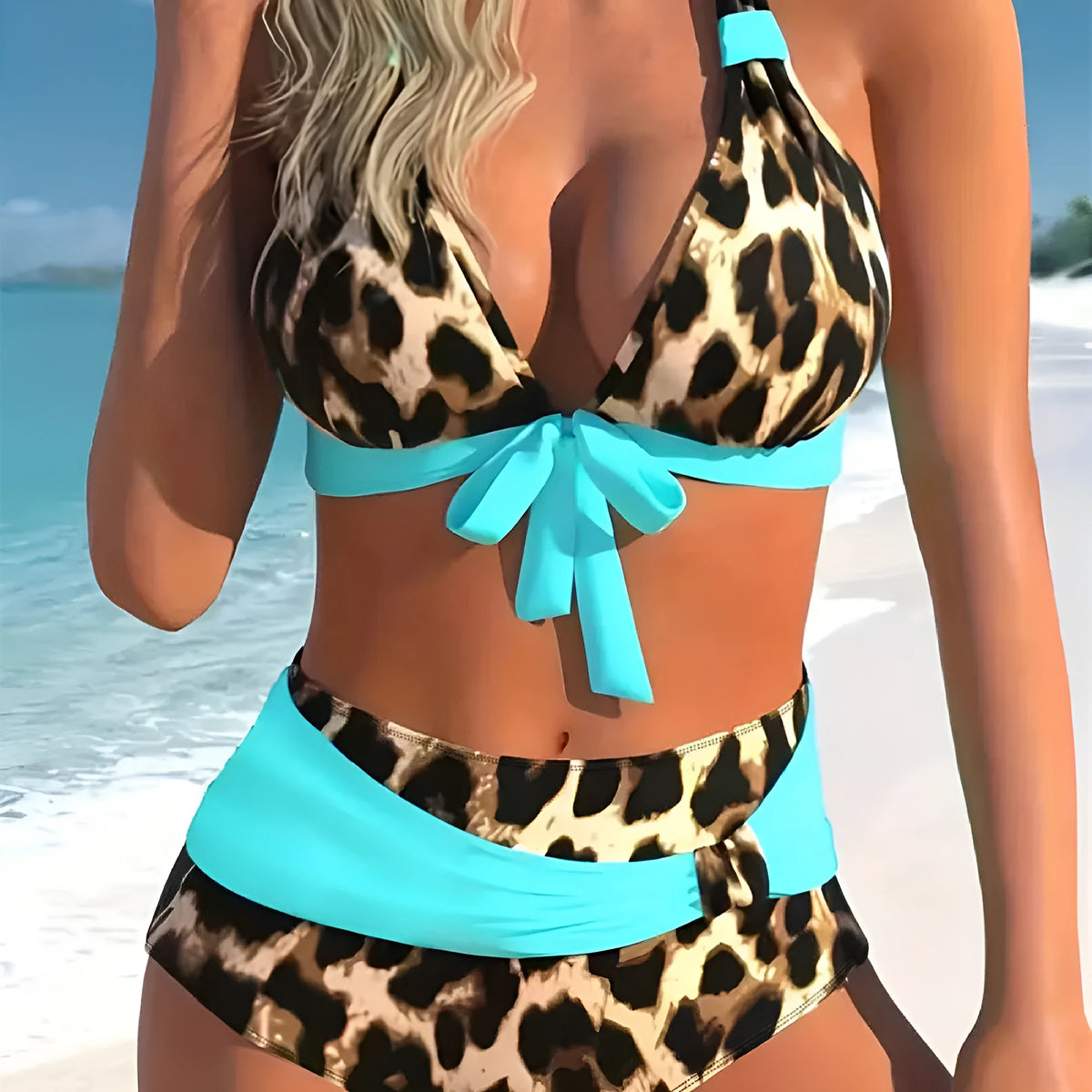 Women's colourful printed plus size bikini swimsuit on a hanger, showing one of five available figure print designs.