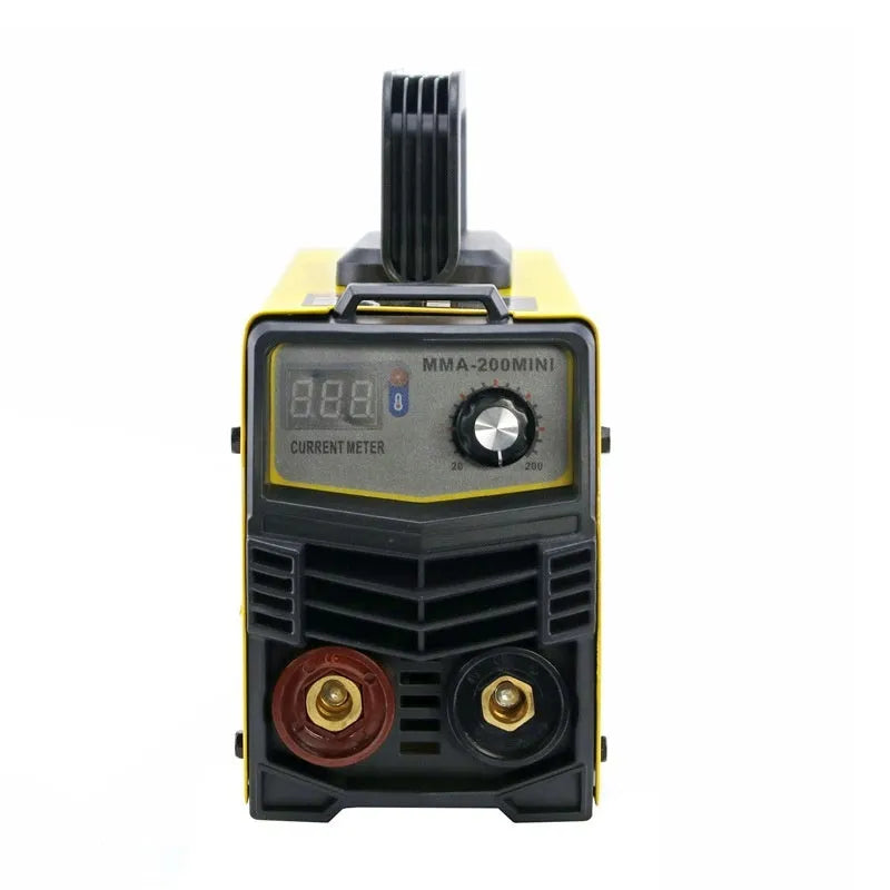 MMA-200MIN household DC welding machine with face shield and welding accessories on workbench