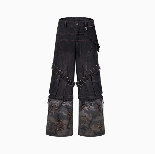 Men's grey camouflage jeans with structural splicing and pin/ribbon details on cotton denim fabric