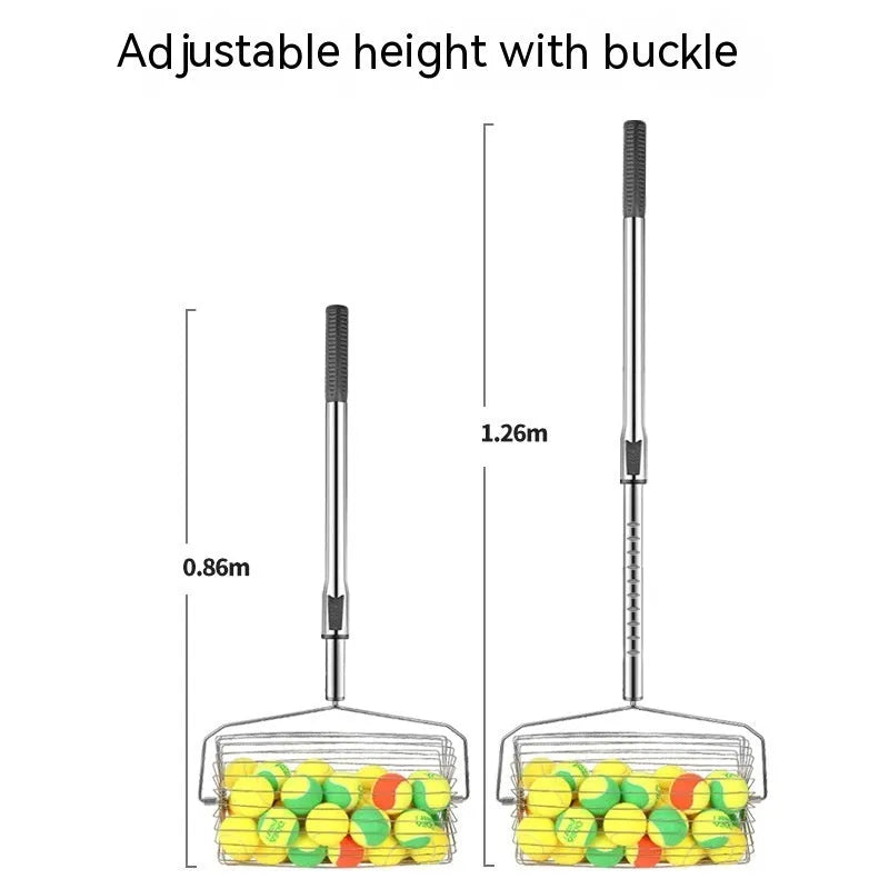 Stainless steel tennis ball picker with adjustable rod holding multiple yellow tennis balls on a court