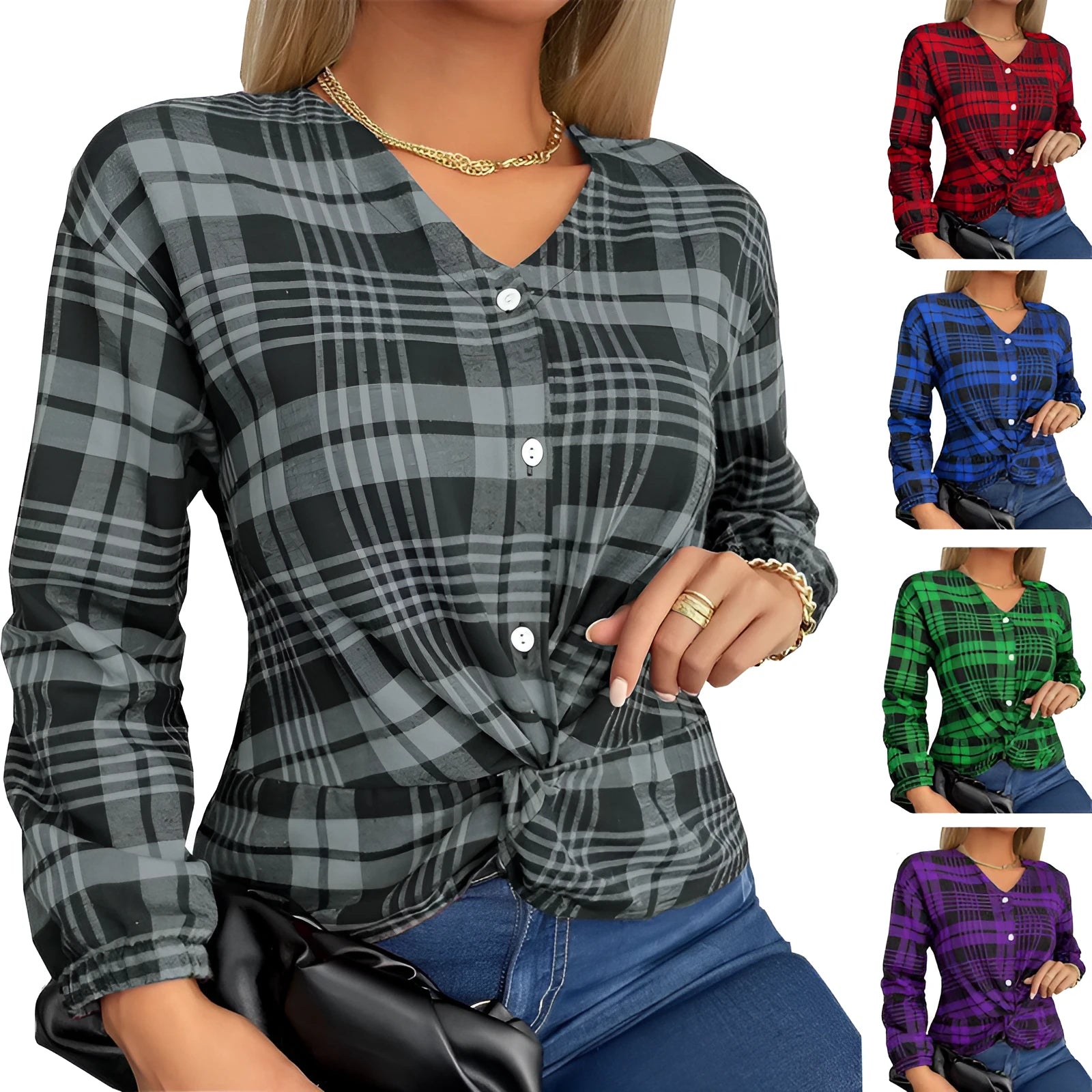 Women's purple plaid loose-fit casual shirt with regular sleeves on a hanger