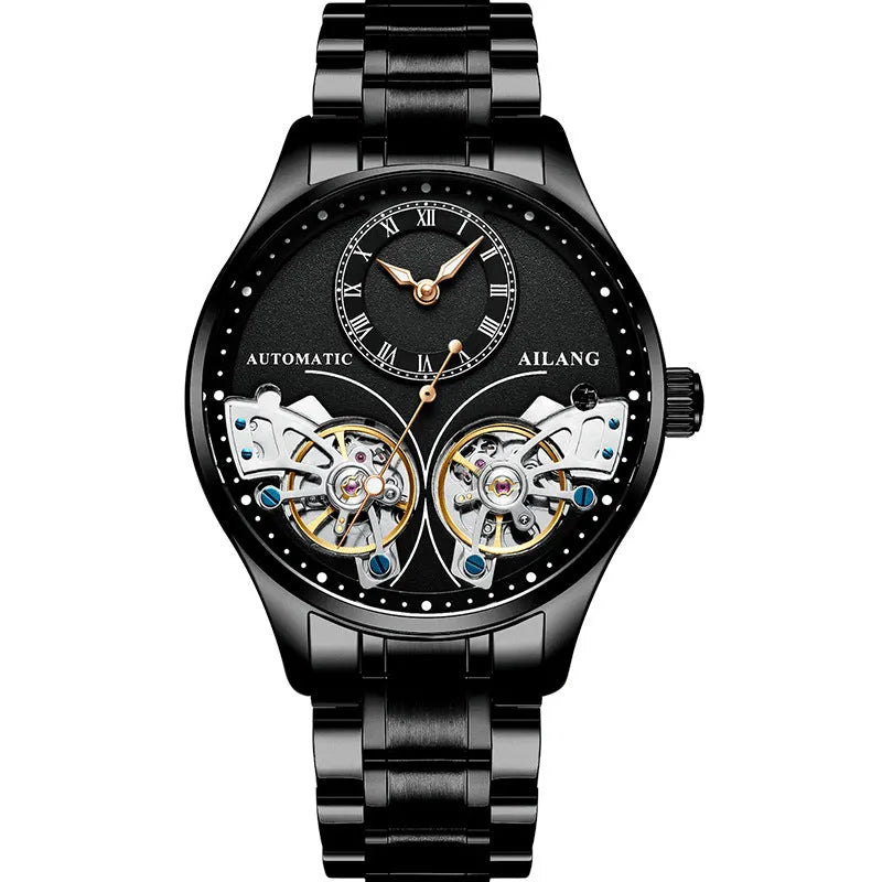 Titanium automatic men's watch with tourbillon and moon phase on black dial