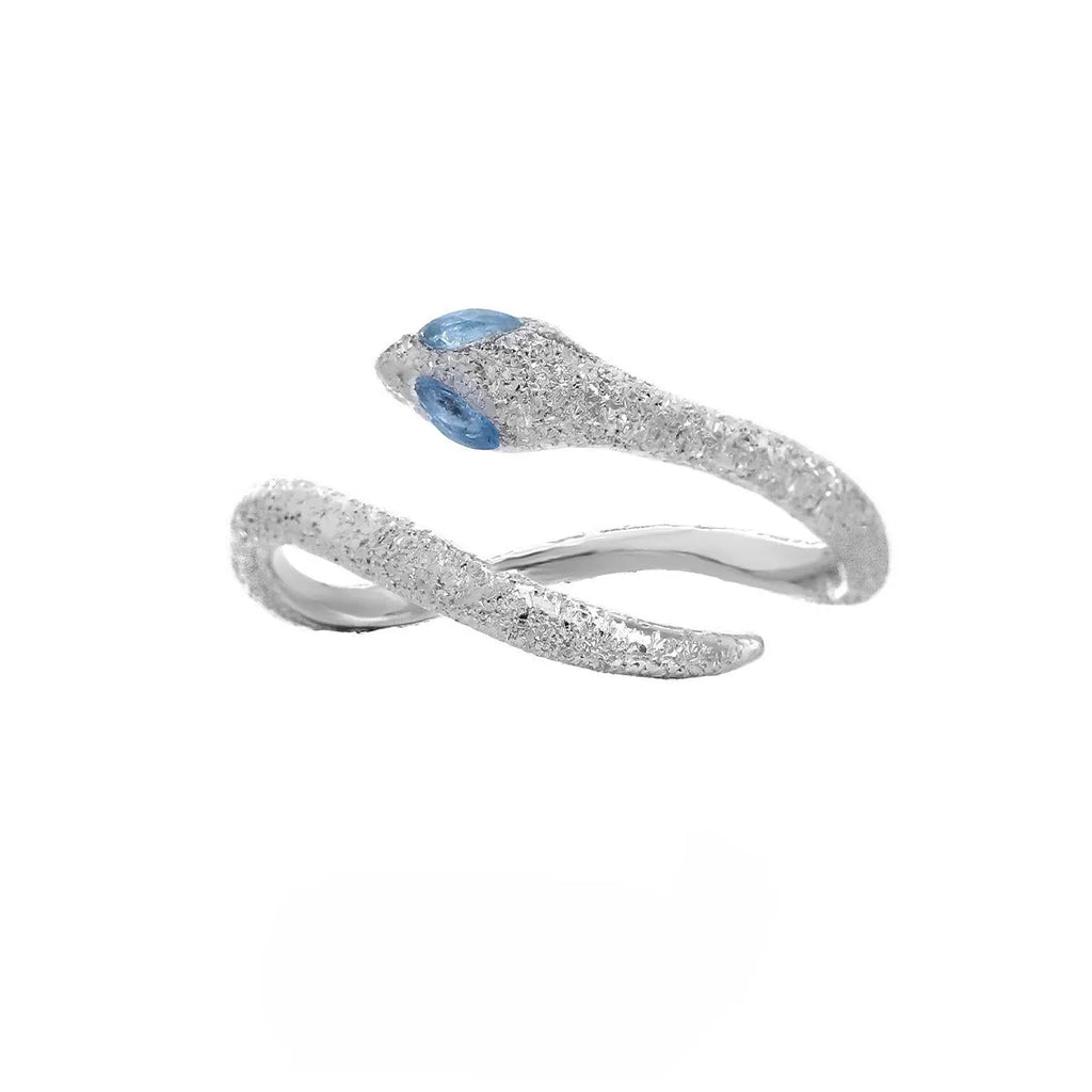 Adjustable silver snake ring with electroplated platinum finish and white gold colour