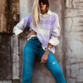 Lilac plaid print women's sweater with ribbed trim and loose fit design