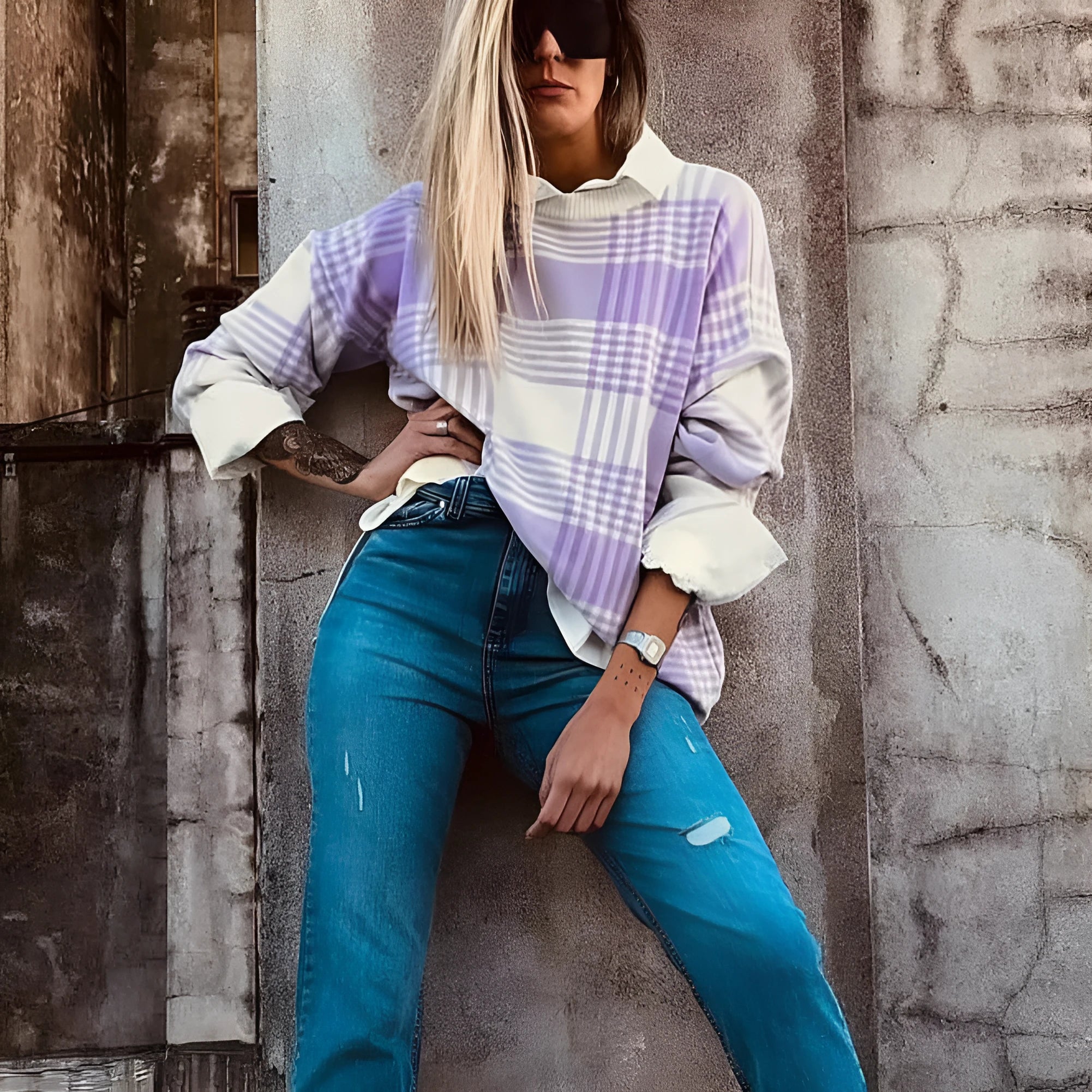 Lilac plaid print women's sweater with ribbed trim and loose fit design