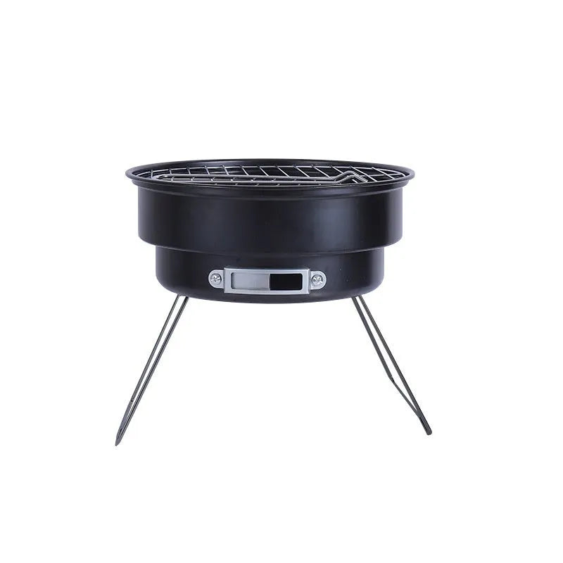 Small folding round ice stove with mesh grill and furnace legs for outdoor barbecue