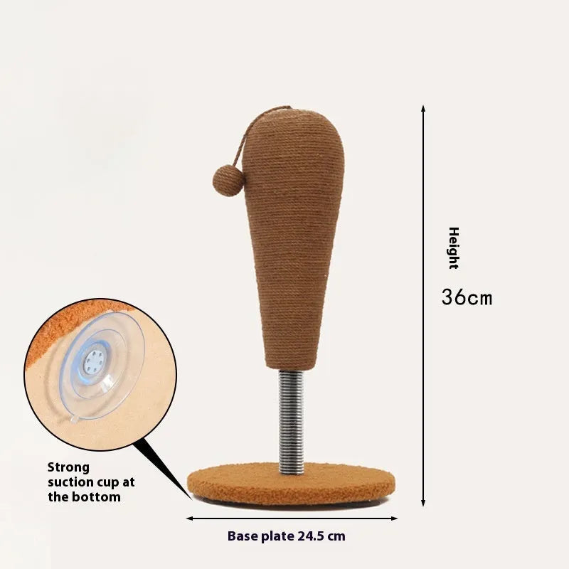 Jute rope cat scratching post with integrated catnip ball, available in large and small sizes.