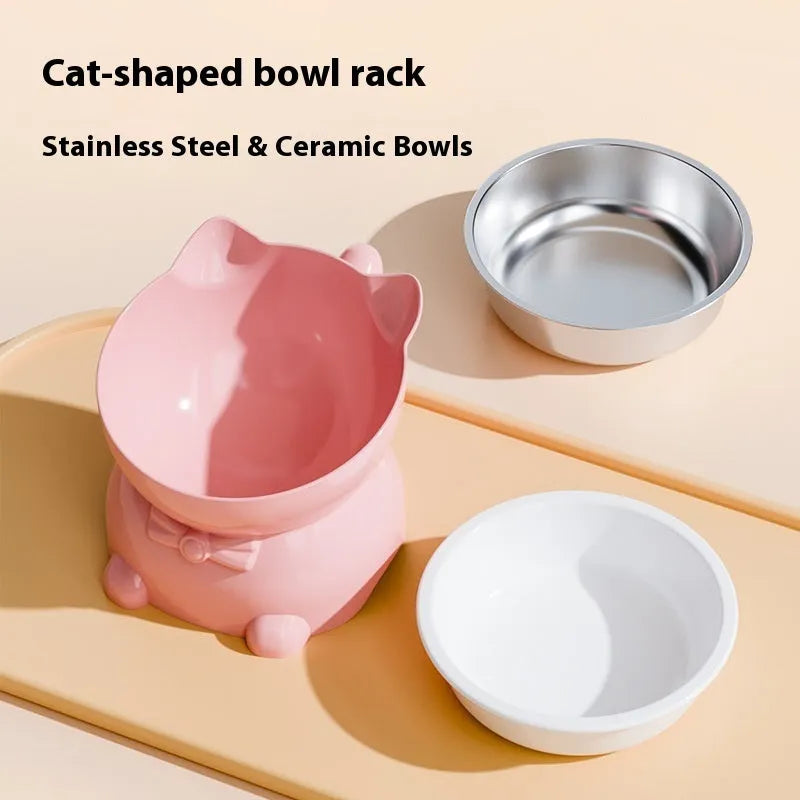 Stainless steel anti-fall oblique cat bowl in black, blue, pink or yellow colours