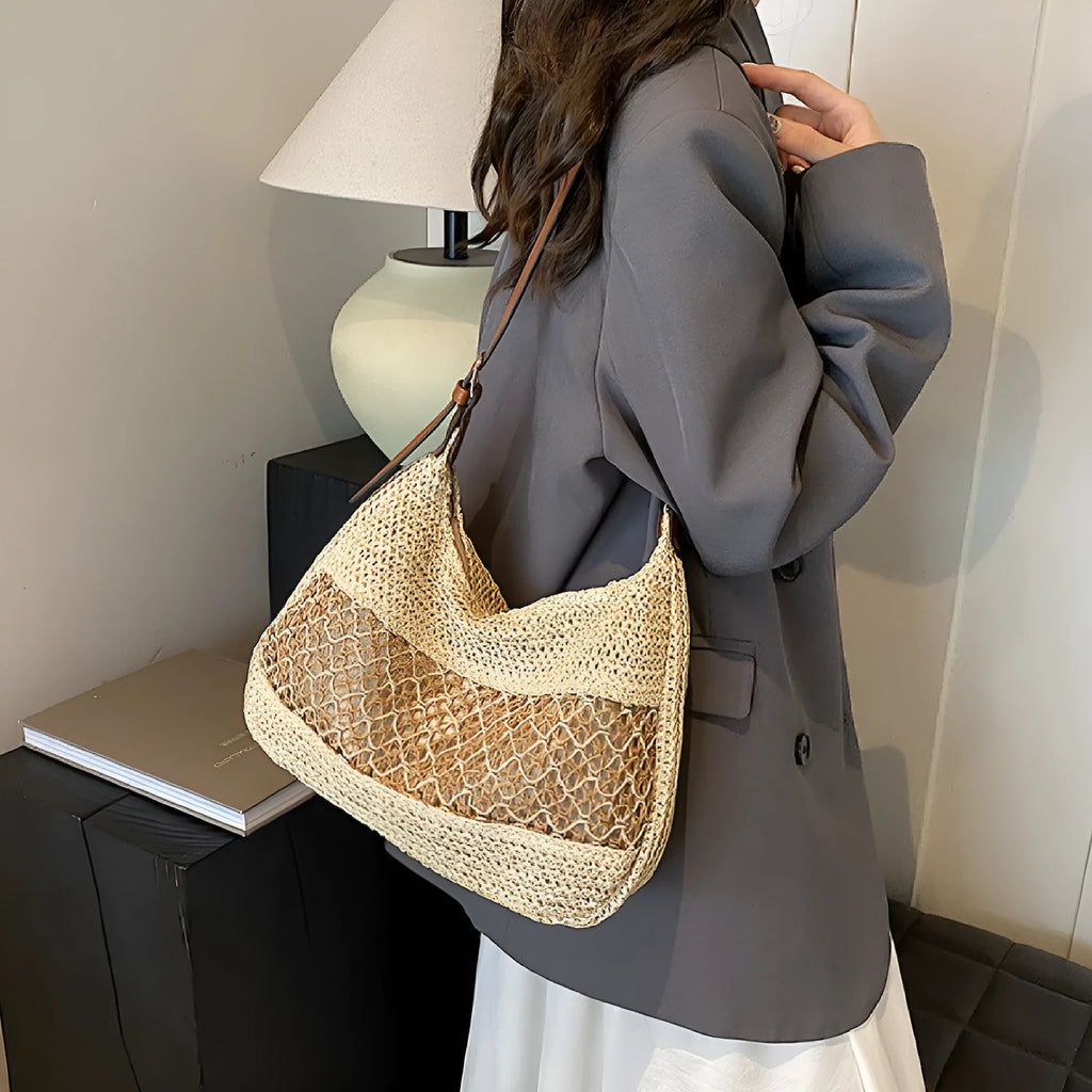 Women's straw cross body bag in khaki colour with horizontal square design and sandwich pocket