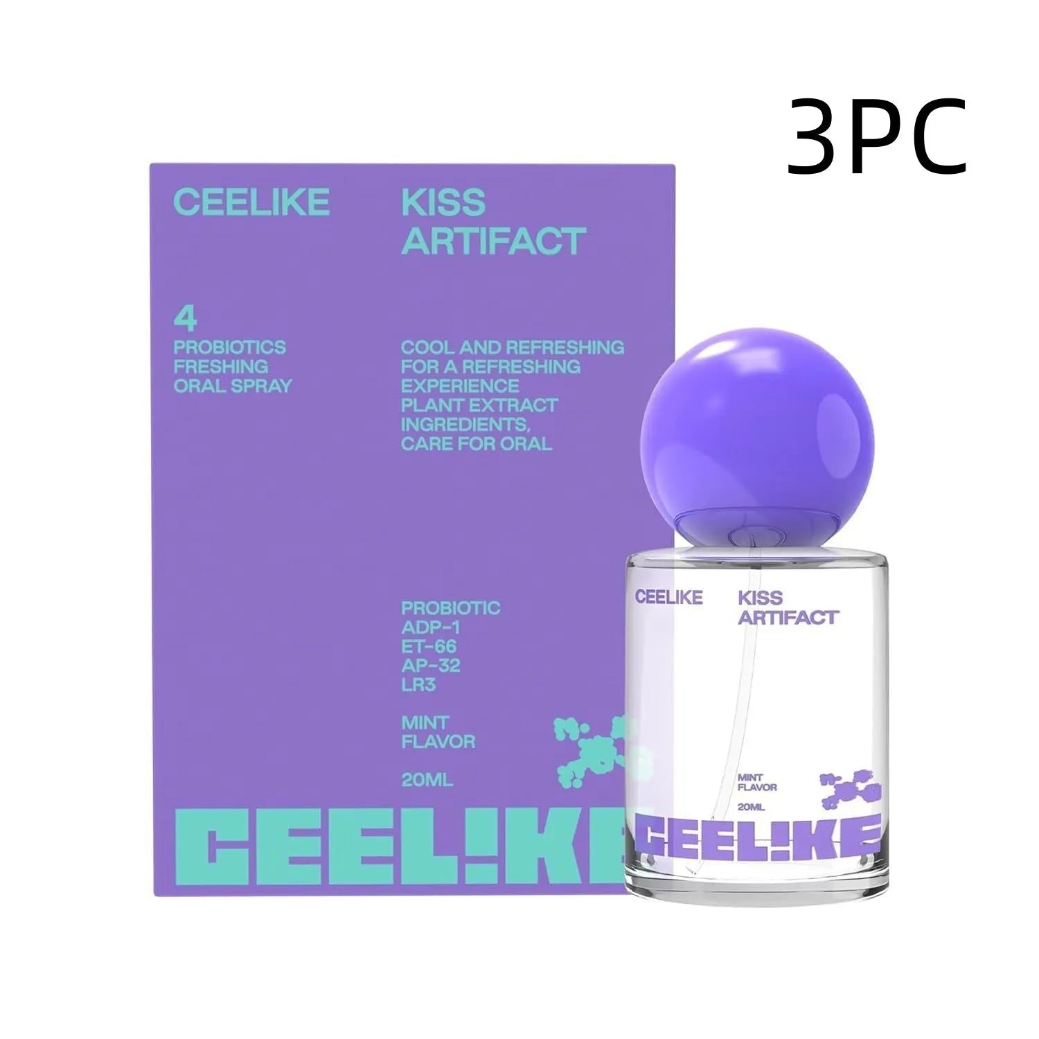 A 20ml probiotics oral care spray bottle with a spray cap, shown with its compact dimensions.