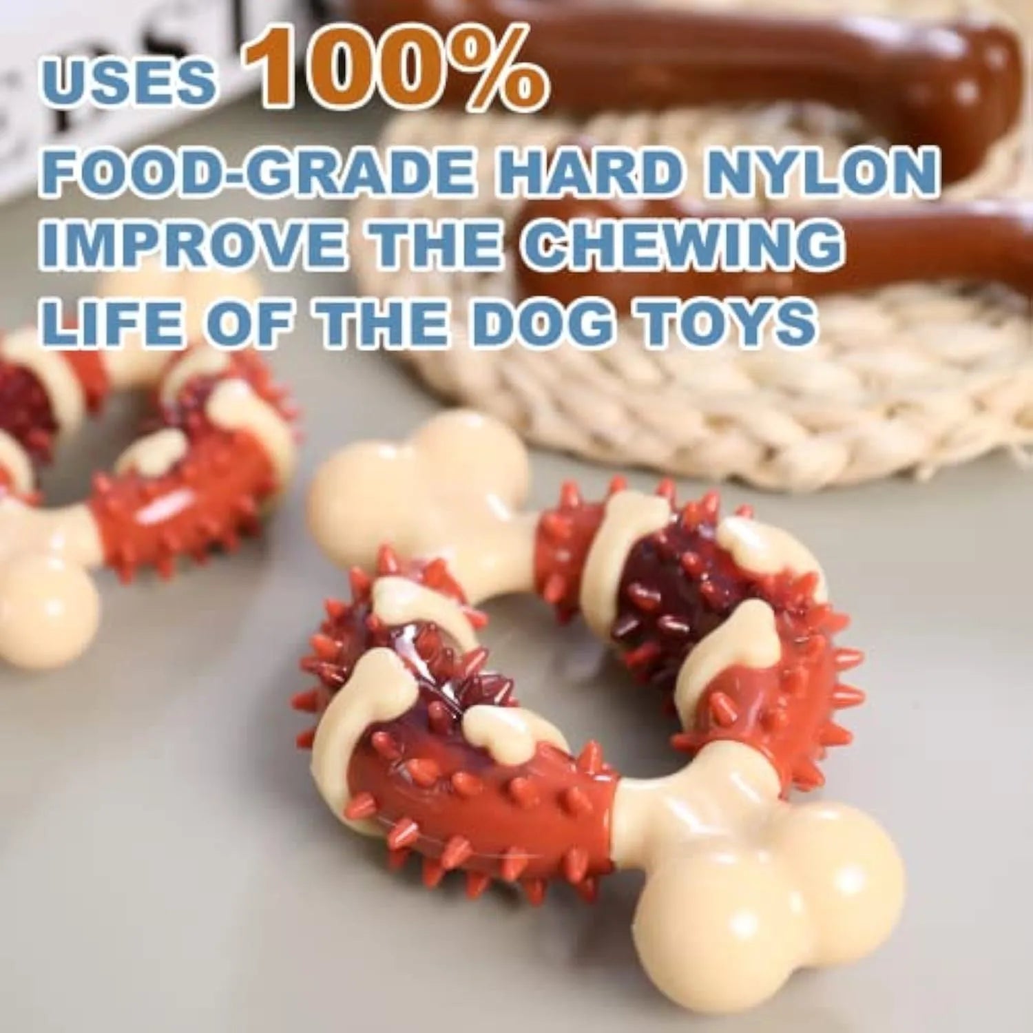 Natural rubber bone-shaped dog molar chew toy for teeth grinding and anxiety relief in two sizes.