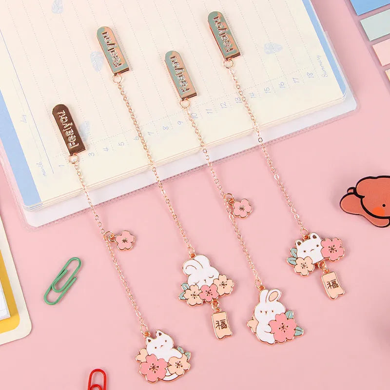 Metal pendant bookmark with cartoon sakura cat design for books and journals