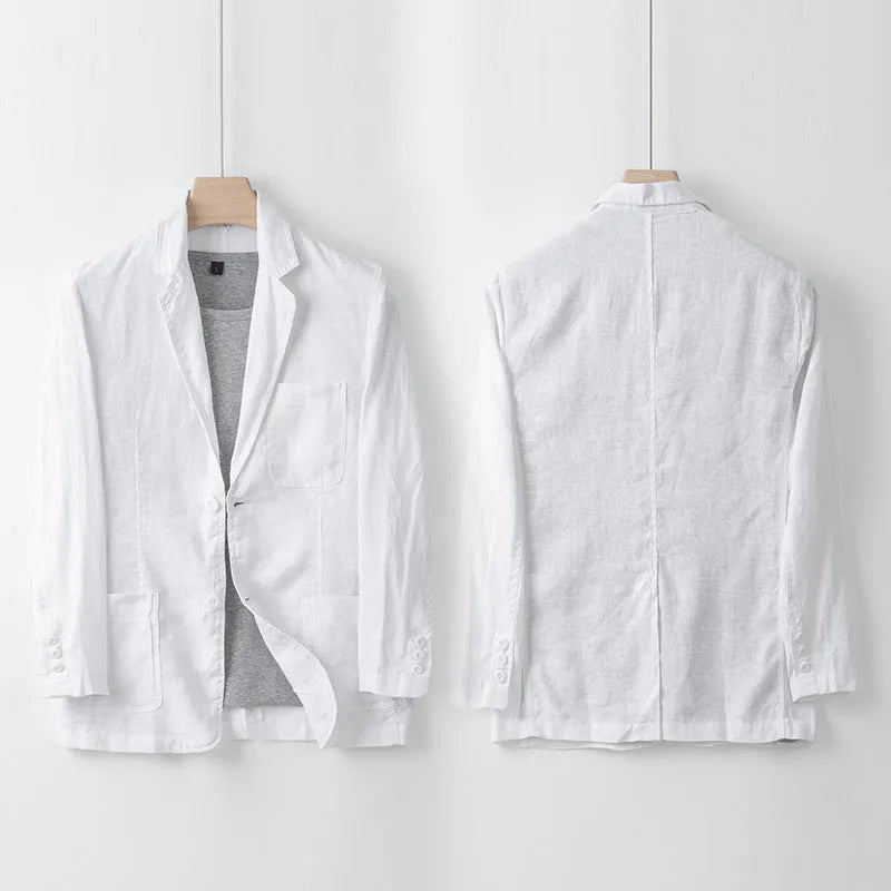 Men's loose fit linen casual jacket in solid colour with long sleeves