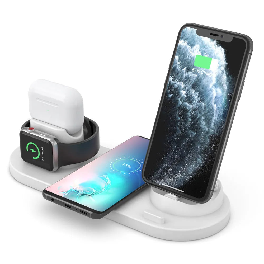 Black and white 6-in-1 wireless charging phone holder with AirPods and iWatch charging areas