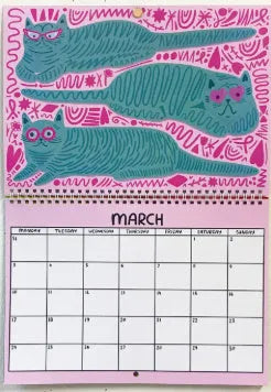 Cat-themed wall calendar for the 2024 or 2025 year on a single paper sheet.