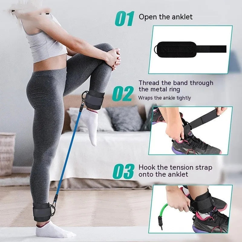 Yoga resistance band set with three tension levels and foot loops for hip and leg exercises