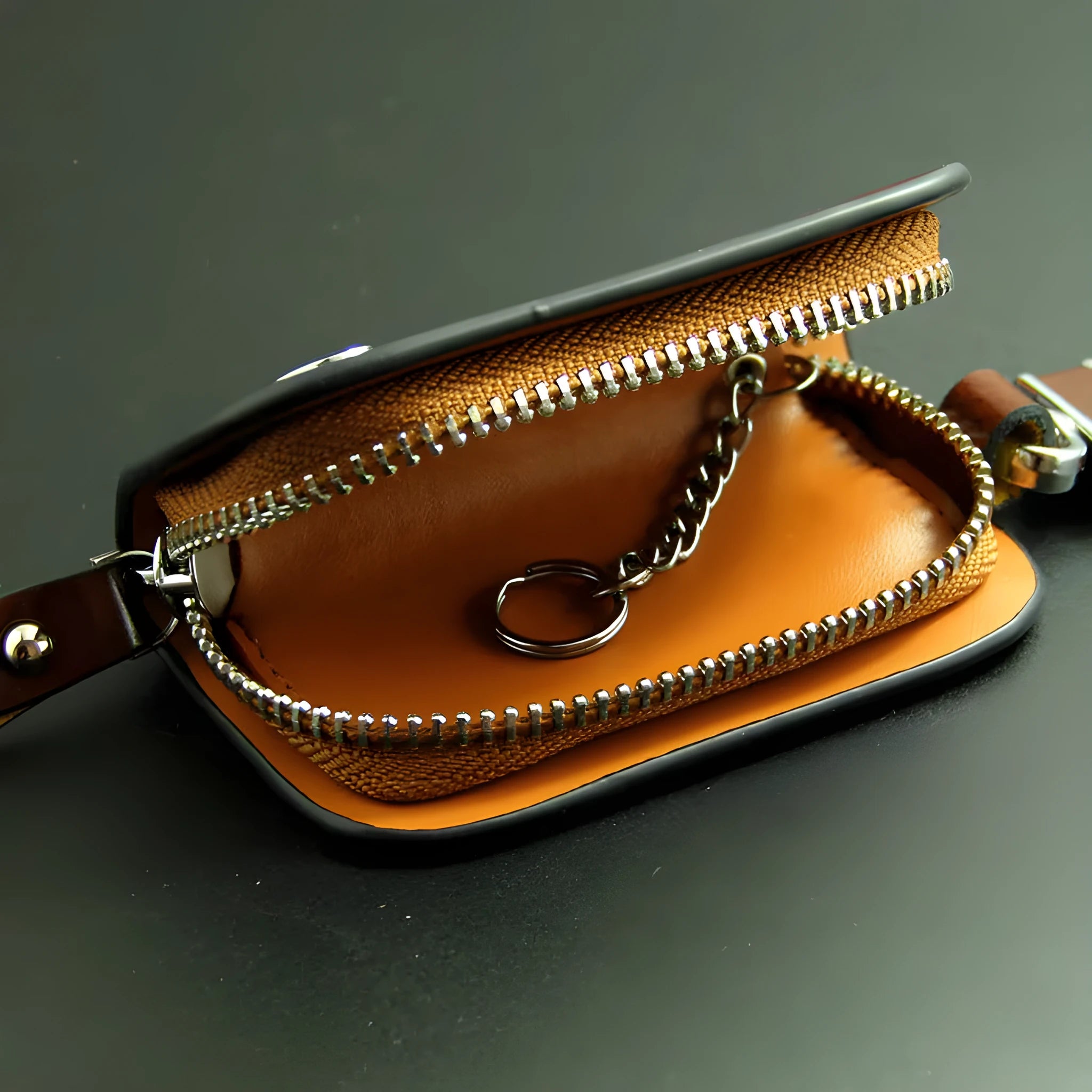Genuine leather car key case with frost finish and zipper closure in black or brown