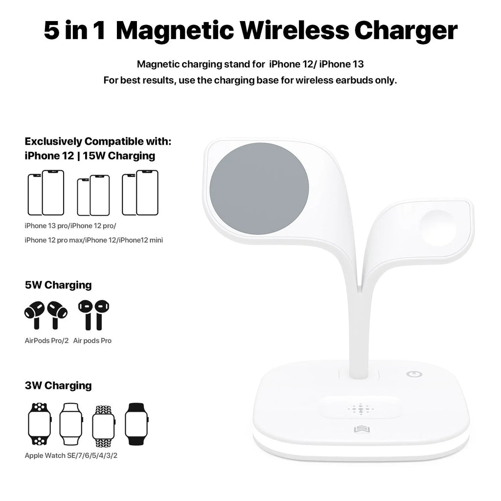 Black 3-in-1 wireless charging stand with phone, Apple Watch, and headphones placed on it.