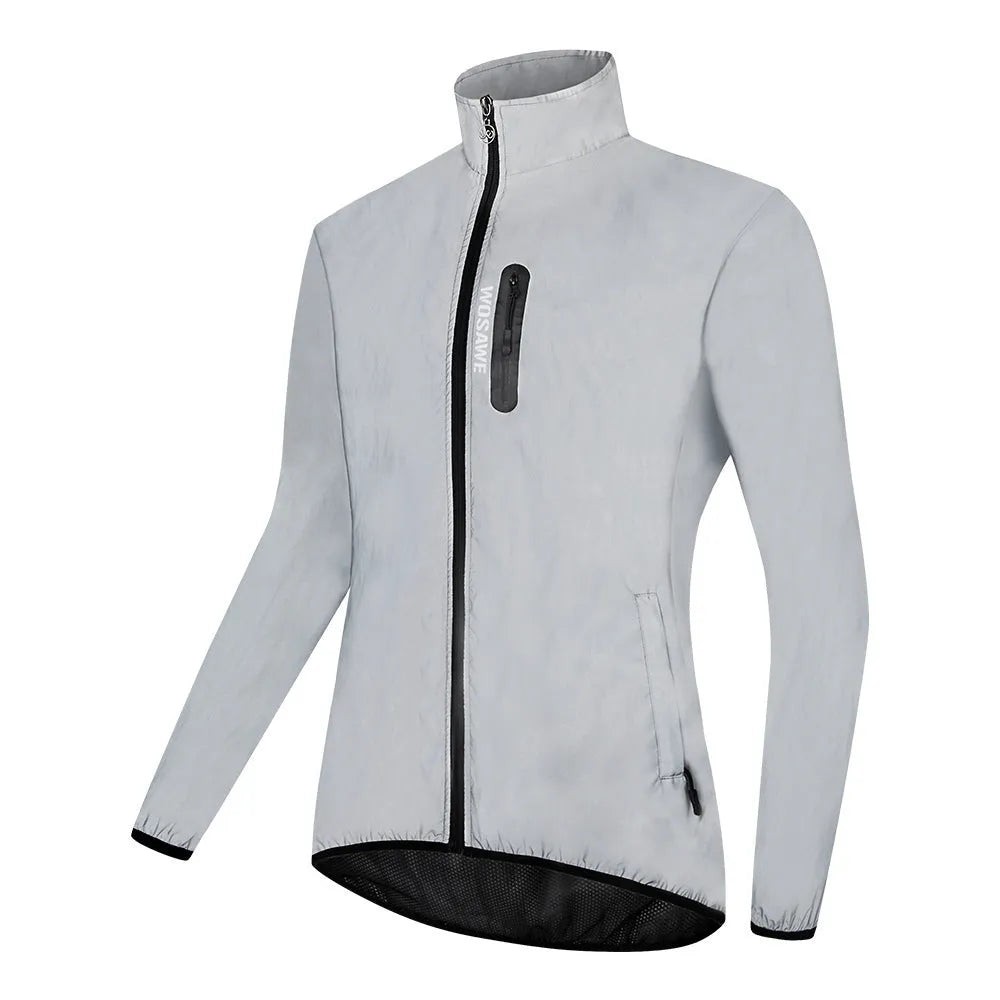 Silver waterproof polyester jacket with long sleeves shown in European sizes from S to 3XL