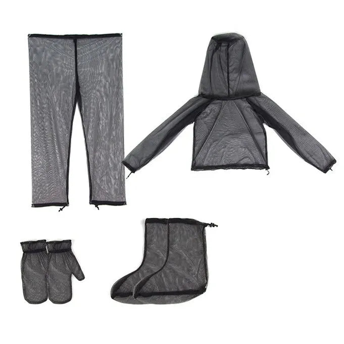 Lightweight mesh anti-mosquito suit set comprising a hooded jacket, trousers, and booties laid out flat.