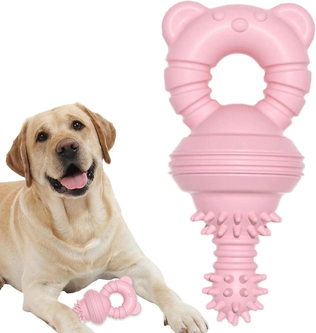 Blue rubber molar-shaped dog chew toy with textured surface and bell inside, for large breeds.