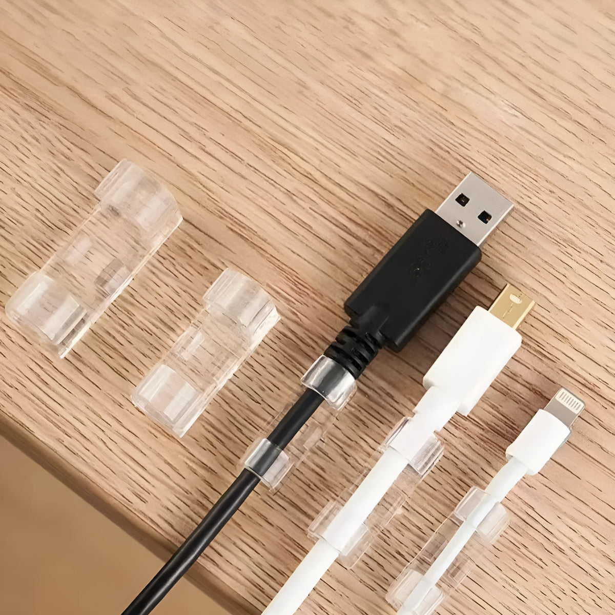 Transparent plastic self-adhesive cable management clips in small, medium, large, extra-large sizes