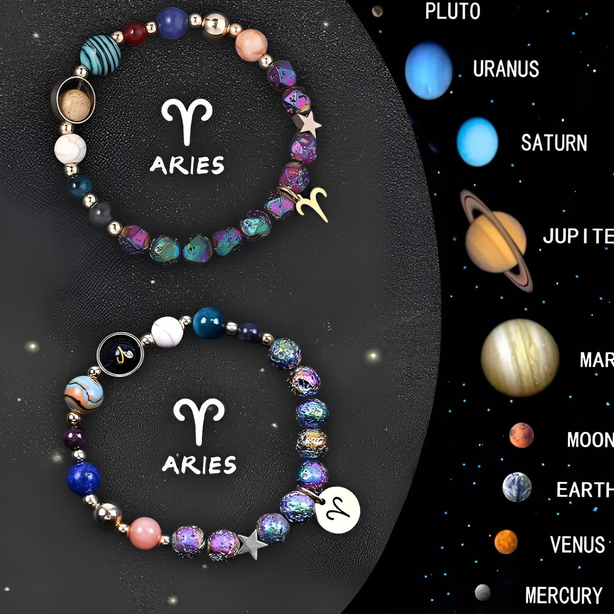 Natural stone zodiac beaded bracelet showing adjustable closure and bead detail
