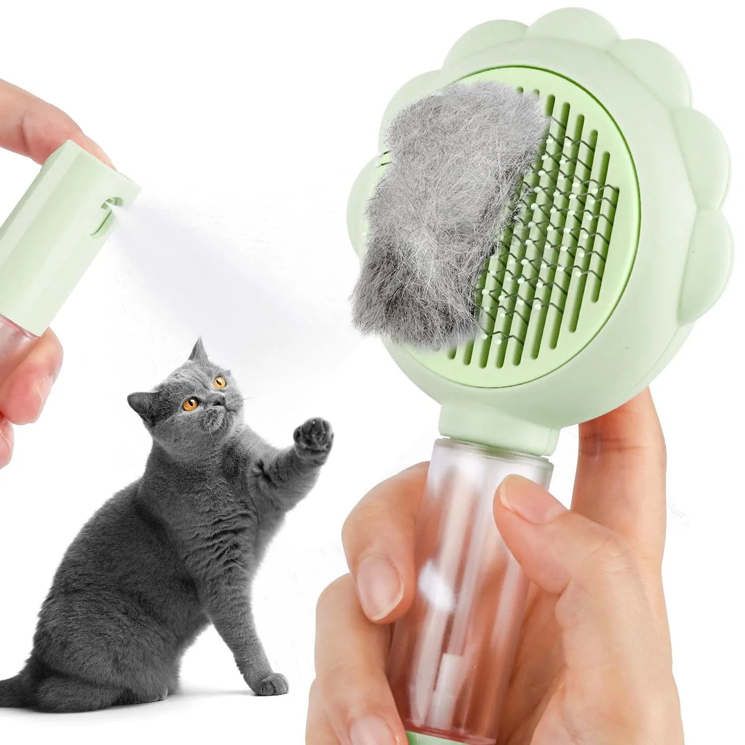 Grey spray grooming brush for cats with a self-cleaning button and curved stainless steel bristles.