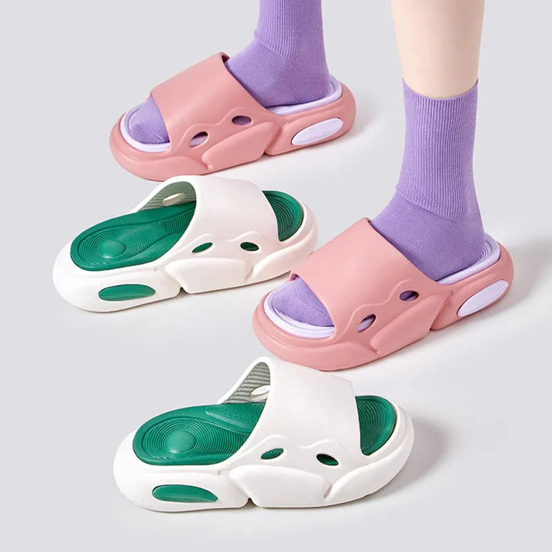 Women's and men's two-colour thick-soled EVA slippers with leather lining in pink purple, white green, or black white colour options.