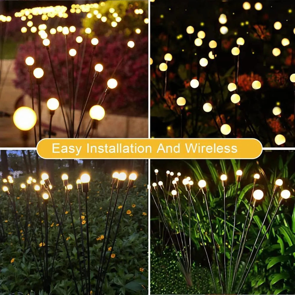 Solar-powered LED garden light with multiple heads on a metal spike in grass.