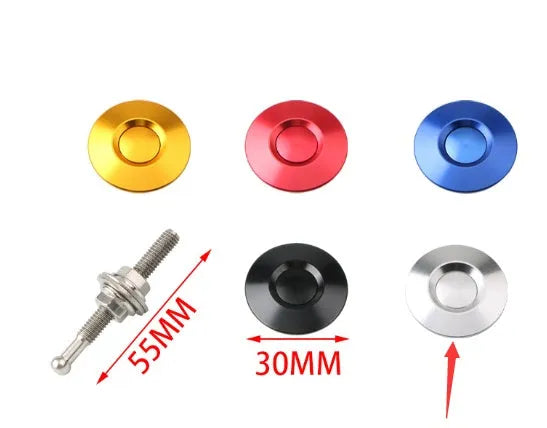 30mm diameter aluminium alloy engine cover lock with screw, shown in assorted colours.