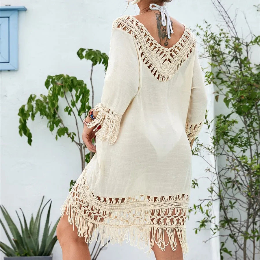 Apricot crochet patchwork beach dress with half sleeves and midi length in hipster street style