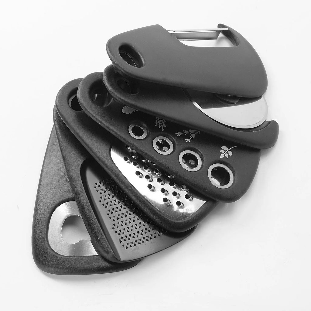 Six kitchen gadgets stacked together with cleaning brush in colour box packaging
