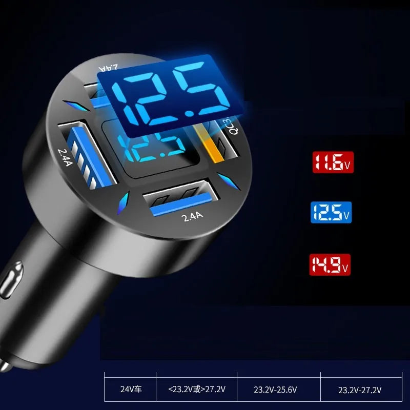 Black four-port car charger with digital display showing charging status