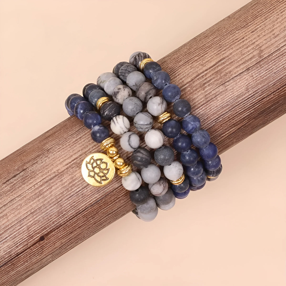 Blue multi-layer bracelet with patterned network stone beads and alloy metal components